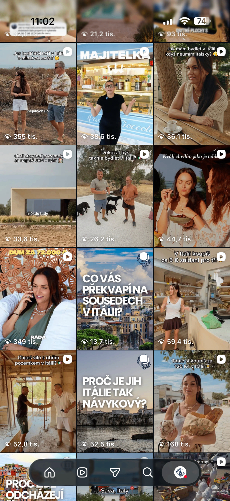 Instagram grid Italian Properties — reels s desítkami až stovkami tisíc zhlédnutí